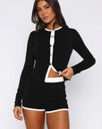 Color Block Long Sleeve Cardigan and Shorts Set