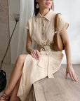 French Style High Waist Blue Cotton Linen Dress
