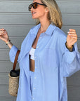 Blue Loose Long Sleeve Casual Shirt and Pants Set