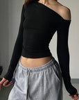 Chic Black Long Sleeve T-Shirt with Asymmetrical Design