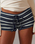 Trendy Striped Drawstring Low Waist Hot Pants