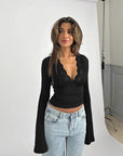Sexy Lace Trim Deep V Neck Long Sleeve Top