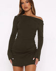 Off Shoulder Long Sleeve Drawstring Mini Dress