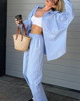 Blue Loose Long Sleeve Casual Shirt and Pants Set