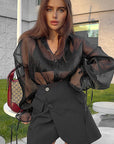 Fashionable Sheer Blouse with Puff Sleeves