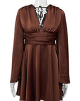 Elegant French Satin Long Sleeve Dress with V-Neck