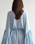 V-Neck Tie Waist Puff Sleeve Dress