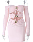 Elegant Off-Shoulder Ruched Dress with Floral Buttons