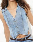 Fashionable Women's V-Neck Denim Vest
