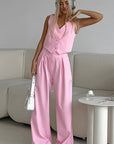 Spring Pink Sleeveless Vest and Wide Leg Pants Set