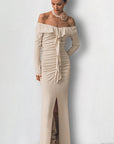 Elegant Off-Shoulder Split Dress with Ruffle Hem