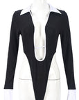 Sexy Long Sleeve Shirt Collar Bodysuit for Women