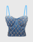 Luqiu Country Denim Beaded Strap Top