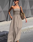 Elegant Strapless A-Line Dress in Khaki