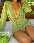 New Women's Hollow Crop Top with Long Sleeves and Skirt Set