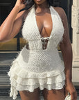 V-Neck Hollow Out Mini Dress with Tie Back