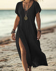 Loose Solid Color V-Neck Short Sleeve Dress