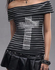 Summer Short Sleeve Off-Shoulder Striped Top