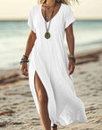 Loose Solid Color V-Neck Short Sleeve Dress