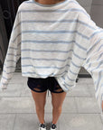 Blue Striped Loose Fit Long Sleeve T-Shirt