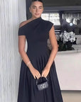 Elegant Spring Summer Dress with Asymmetric Neck
