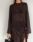 Brown Mesh Design Long Sleeve Dress with Bow Tie