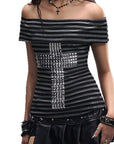 Summer Short Sleeve Off-Shoulder Striped Top