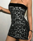 Color Block Sequin Leopard Print Strapless Dress