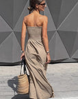 Elegant Strapless A-Line Dress in Khaki
