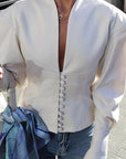 French Style Waist-Defined V-Neck Long Sleeve Coat