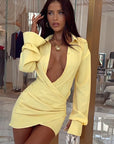Sexy Deep V Neck Pleated Bodycon Dress
