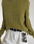 French Vintage Mustard Green Striped Knit T-Shirt