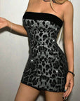 Color Block Sequin Leopard Print Strapless Dress
