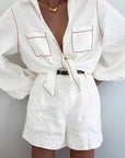 Color Block Cotton Long Sleeve Top and Shorts Set