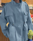 Cotton High Neck Drawstring Long Sleeve Jacket for Women
