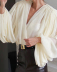 Loose Fit V-Neck Puff Sleeve Women's Shirt