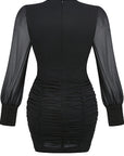 Elegant Black Chiffon Deep V Long Sleeve Dress