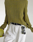 French Vintage Mustard Green Striped Knit T-Shirt