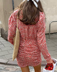 French Vintage Floral Deep V Long Sleeve Dress