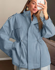 Cotton High Neck Drawstring Long Sleeve Jacket for Women