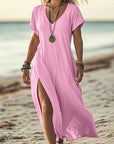 Loose Solid Color V-Neck Short Sleeve Dress
