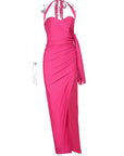 Heart Neck High Split Ruffled Halter Dress