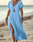 Loose Solid Color V-Neck Short Sleeve Dress