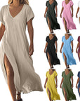 Loose Solid Color V-Neck Short Sleeve Dress
