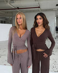 Casual V-Neck Long Sleeve Top and Pants Set