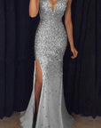 New V-Neck Long Dress with Gold Foil Design
