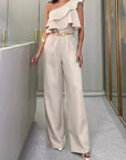 New Elegant Beige Ruffled One-Shoulder Jumpsuit