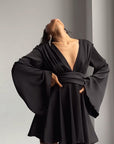 Elegant French Satin Long Sleeve Dress with V-Neck