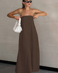 Summer Casual Khaki Cotton Linen Strapless Dress