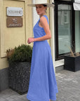 French Style Blue Round Neck Cotton Linen Dress